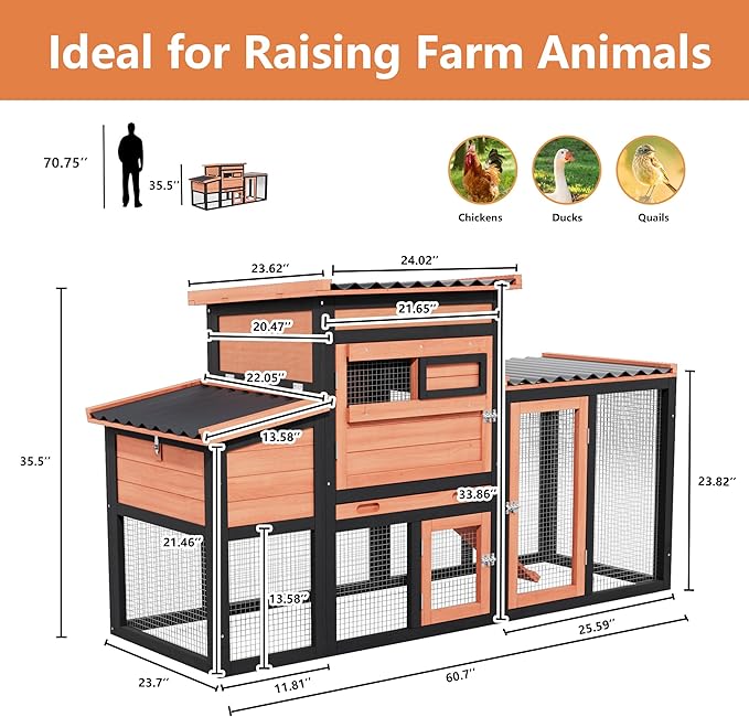 Chicken Coop, Large Wooden Chicken Coop with Nesting Boxes & Run Cage for 2-3 Chickens, Outdoor Hen House Poultry Hutch Rabbit Cage with No-Slip Ramp & Pull-Out Tray for Backyard Farm