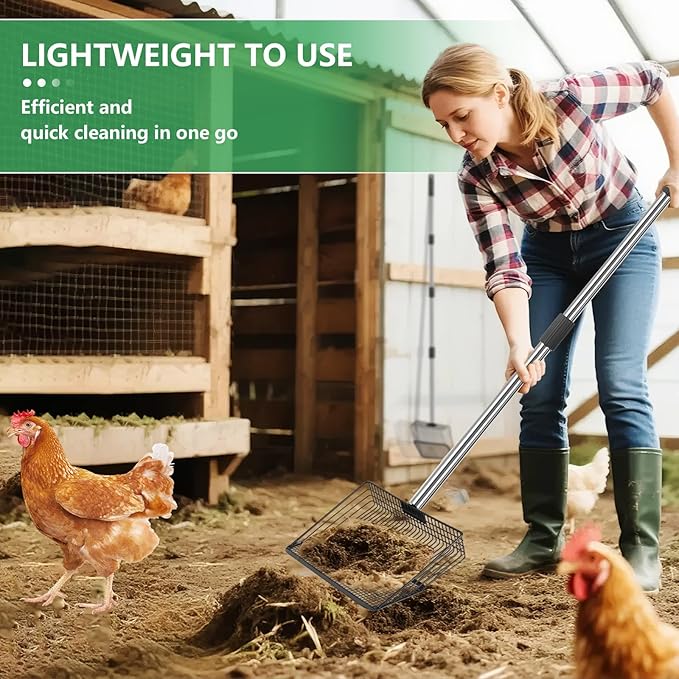 Chicken Poop Scooper 10 Inch Large Metal Coop Scoop 35" to 62" Long 4 in 1 Multifunctional Heavy Duty Chicken Coop Scoop Sifting Shovel for Sand Chicken Coop Accessories