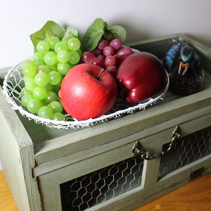 Farmhouse Countertop Storage Organizer, Rustic Wood Kitchen Cabinet with Chicken Wire, Kitchen Pantry Display Shelf, Country Vintage Style. Distress Teal