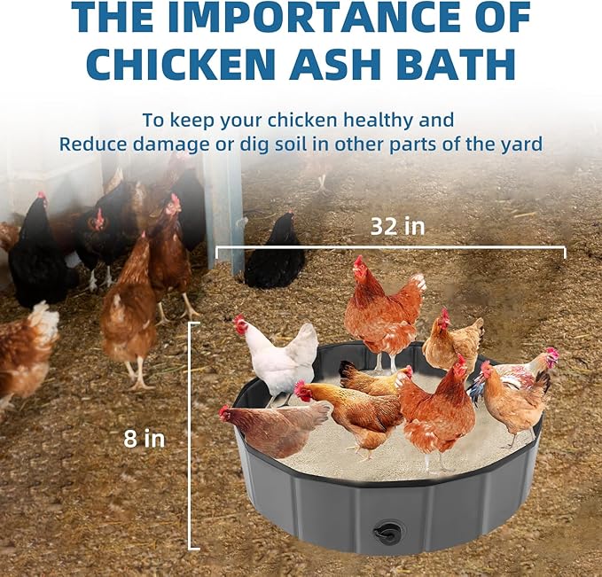 32'' D * 8'' H Chicken Bath Tub, Chicken Dust Bath, Chicken Bath Dust, Dust Bath for Chickens, Lime for Chicken Coops, Chicken Bath, Chicken Coop Cleaning Supplies, Chicken Coop Accessories (1, Gray)