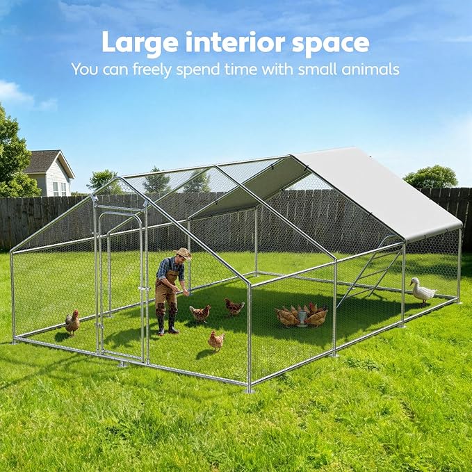 Large Metal Chicken Coop Run with Roosting Perch, Outdoor Waterproof and UV-Resistant Cover for Chickens, Ducks, Rabbits, and Hens in Yard or Farm Use Spire Roof (13.1'Wx19.7'Lx 6.5'H)