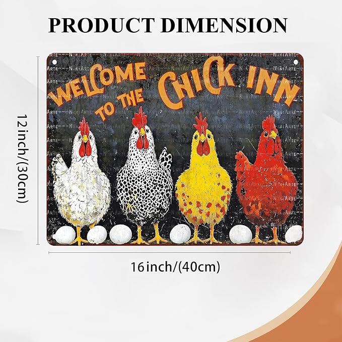Funny Chicken Tin Sign Welcome To The Chick Inn Vintage Sign Metal Farm Sign for Garden Farm Chicken Coop Decor 12X16Inch