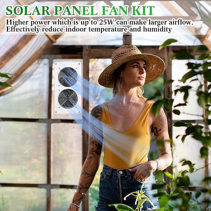 1 Set Solar Panel Fan Kit 25W 12V Solar Fans for Outside Greenhouse USB Portable Waterproof Dual Fan with Metal Shell for Inside Chicken Coop, Shed, Pet House