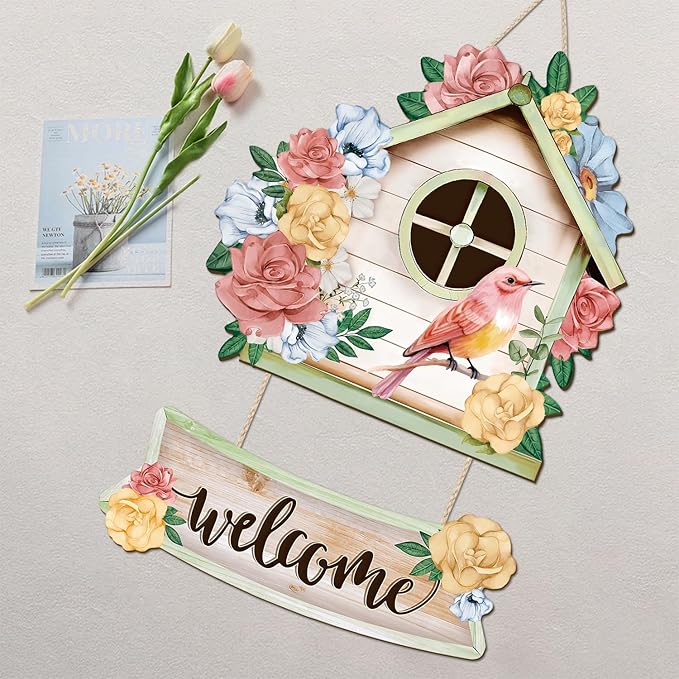 CHDITB Welcome Spring Wooden Sign, Floral Birdcages Wooden Hanging Plaque, Pink Birds Flowers Front Door Hanger, Spring Sign Rose Welcome Wall Art for Farmhouse Outdoor Spring Wall Art Decor