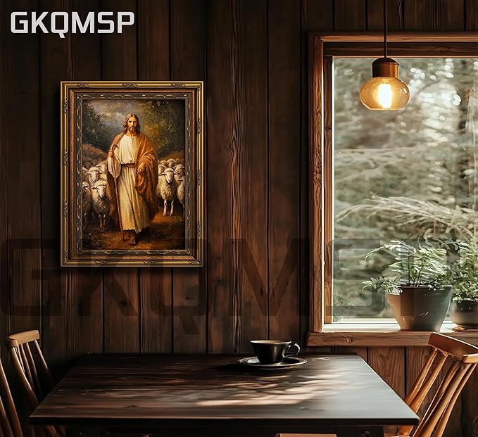 Vintage Gold Framed Wall Art Jesus and Lamb canvas wall decor Christian Jesus Sheep Oil Painting Prints Religious Shepherd Picture Poster Artwork for Home Living Room Bedroom Prayer Room 16x24in