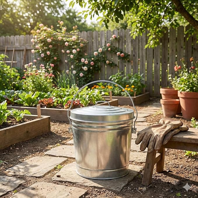 6-Gallon Galvanized Steel Storage Can with Lid, Heavy-Duty Metal Trash Can for Outdoor, Indoor Use, Pet Food Container, Bird Seed Storage, Ash Bucket, Rodent Proof, Ideal for Garage, Garden, Patio