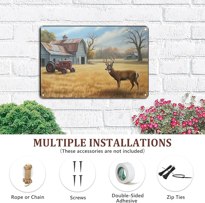 Deer Tractor Barn Farm Scenery tin sign Vintage Countryside Metal Sign Print Aesthetic for Garden Yard Bar Porch Home Bedroom Kitchen Wall Decor Gift 8 x 12 in