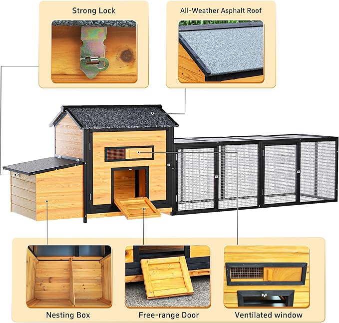118'' Large Chicken Coop with Run, Wooden Duck Hen House for 3-5 Chickens, Outdoor Chicken Run Poultry Rabbit Cage with Nesting Box, Free-Range Door & Pull-on Tray Black