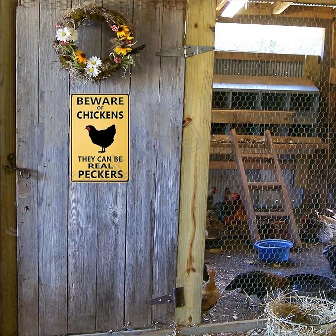 Beware of Chickens Tin Sign Funny Chicken Coop Warning Sign Outdoor Chicken House Decor Gifts For Chicken Lovers 8x12 Inch