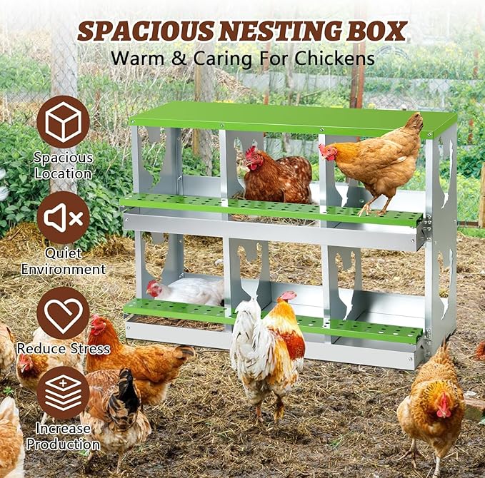 Chicken Nesting Box,Heavy Duty Metal Nest Boxes,6 Hole Roll Away Nesting Boxes,with Large Vented Holes,Wall-Mountable Chicken Coop Nesting Boxes,for Chickens,Ducks,Large Egg Boxes (Green 6 Hole)
