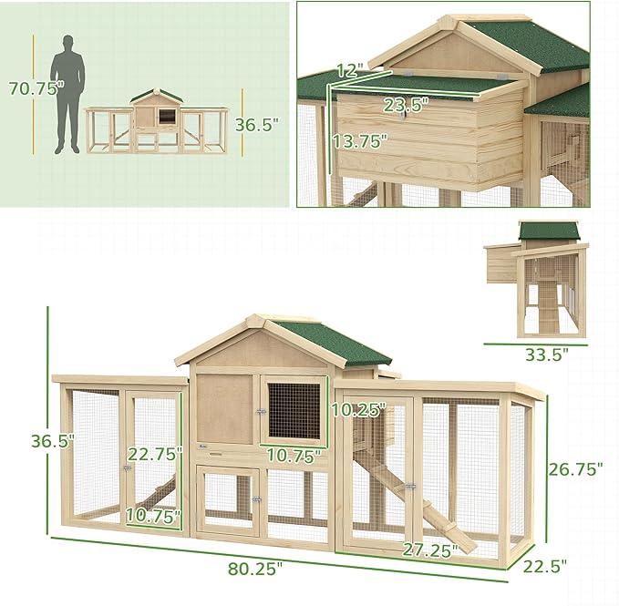 PawHut 80" Chicken Coop, Wooden Outdoor Chicken Cage Hen House with Nesting Box, Double Runs, Removable Tray, Ramps, for Backyard
