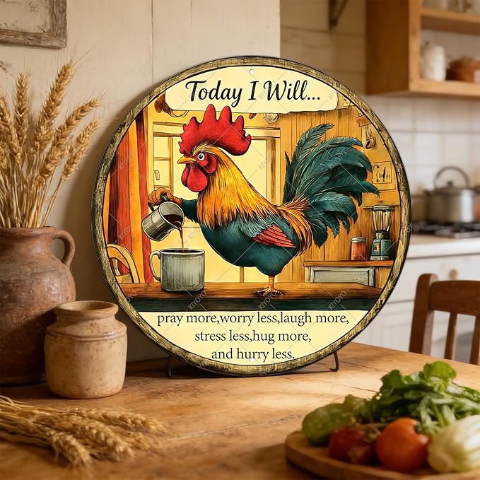 Chicken Signs Rooster Kitchen Round Wall Decor Today I Will Pray More Worry Less Metal Tin Sign Funny Chicken Coop Accessories Rooster Decor Home Garden Farm Yard Office 12 Inch