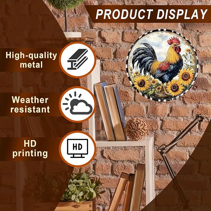 Chicken Round Metal Tin Sign Wreath Rustic Farm Rooster Animal Vintage Wall Art Decor for Home Kitchen Bar Decor 8x8inch