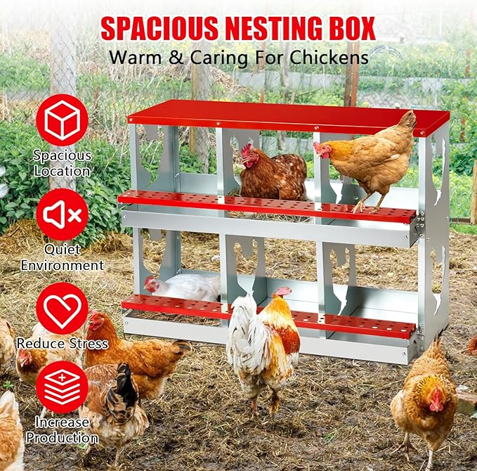 6 Hole Chicken Nesting Box,Roll Away Nesting Boxes for Laying Eggs with Large Vented Holes,Wall-Mountable Chicken Coop Nesting Boxes,Metal Laying Boxes for Hens,Ducks(Red)