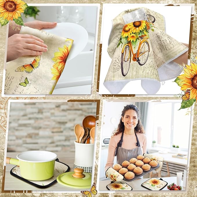10 Pcs Sunflower Kitchen Dish Towels Rugs Oven Mitts and Pot Holders Set Farmhouse Kitchen Decor Set for Women Mom Daughter Gift Cooking Baking Grilling (Retro Yellow)