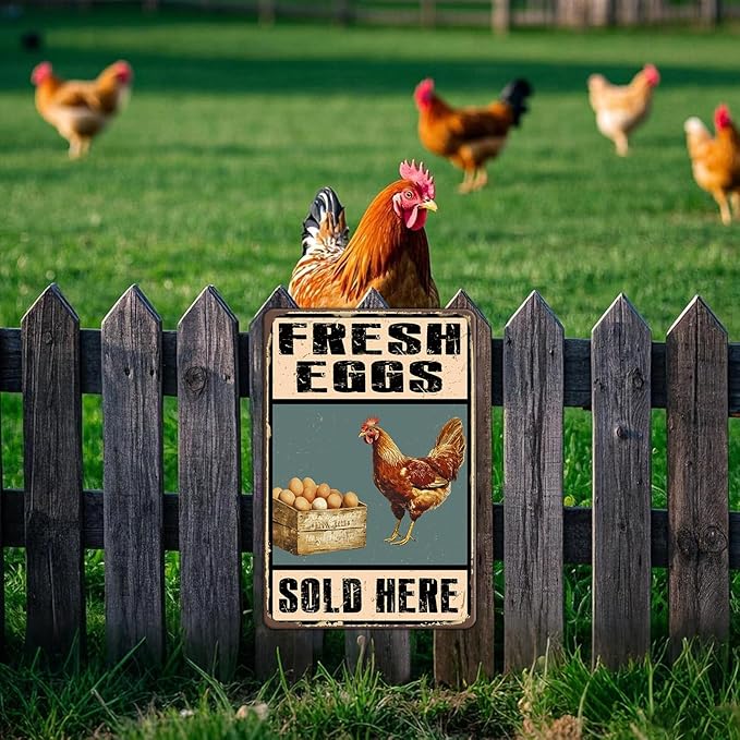 Rustic Farm Fresh Eggs Sold Here Tin Signs Vintage Country Chicken Hen Rooster Egg Metal Sign Funny Chicken Coop Metal Poster 12x16 Inch