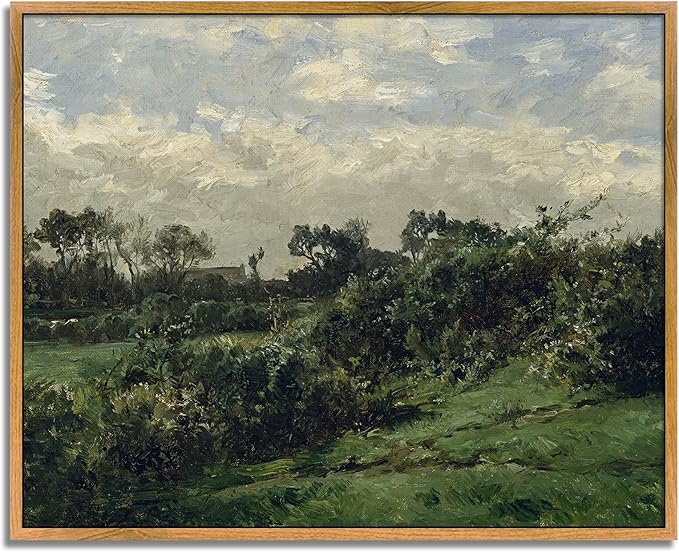 Vintage Farmhouse Poster Countryside Canvas Wall Art Rustic Scenery Picture Retro Landscape Artwork Antique Farmhouse Wall Art Green Scenery Picture Vintage Village Painting Wilderness Artwork 8x10in Framed