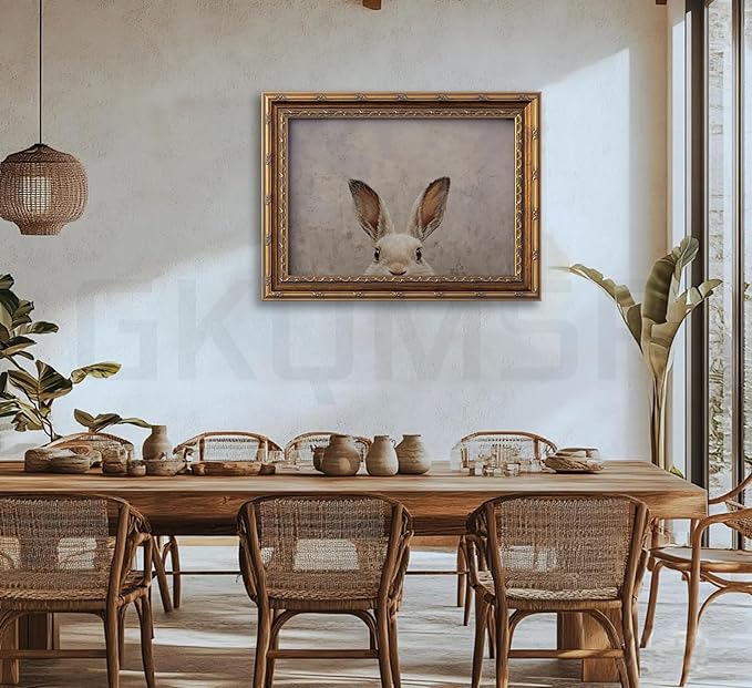 Vintage Gold Framed Wall Art Bunny canvas wall decor Easter Bunny Painting Prints Funny Rabbit Ears Picture Poster Retro Animals Artwork for Easter Decor Kids Room Home Living Bedroom 9x11in