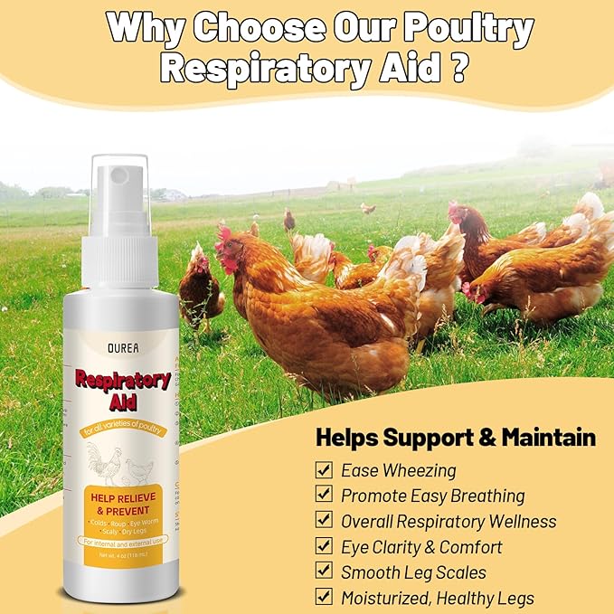 Respiratory Aid for Poultry, 4Oz Chicken Supplement for Sneezing, Coughing & Nasal Relief, Safe for All Birds, Dropper and Spray Top Included, Drinking Water Additive, Natural Liquid Formula