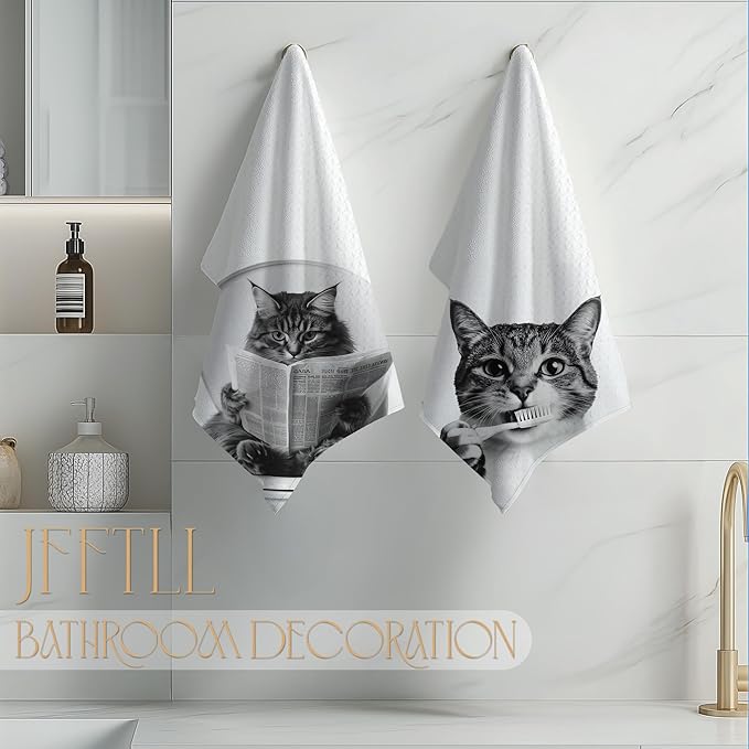 Cat Bathroom Decor Hand Towels, Cat Gifts for Women, Pet Lovers Gifts, Black and White Cute Kitten Hand Towels for Bathroom Washroom Restroom Decor, 16x24 Inch, Set of 4