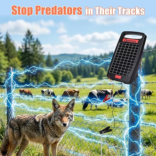 Short-Circuit Alarm 20Miles Solar Electric Fence Charger with Solar Panel,0.32J Solar Powered Fence Charger 24-Hour Protection,Easy to Set up,14-Day Continuous Protection for Livestock