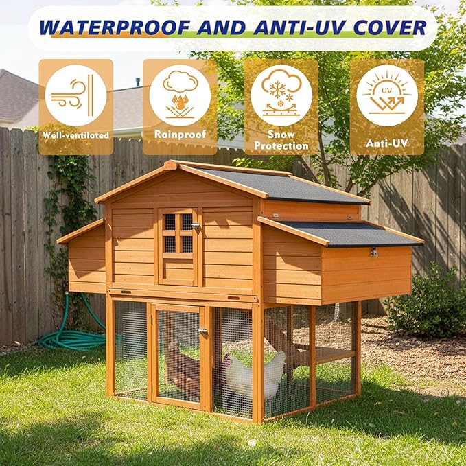 Pavilion 70" Large Outdoor Wood Chicken Coop for 6-8 Hens, with 2 Nesting Boxes, Leakproof Pull-Out Tray & PVC Curtains, Secure Walk-in Run with UV-Resistant Roof for Backyard Poultry