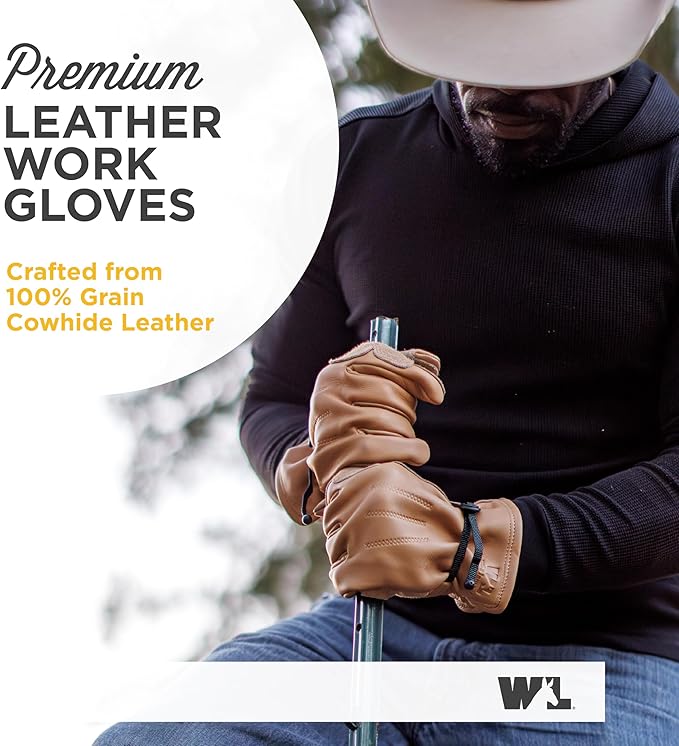 Wells Lamont Leather Work Gloves for Men – Heavy Duty, Cowhide, Abrasion & Puncture Resistant – Adjustable Wrist, Gunn Cut Design, Ideal for Ranching, Farming, Construction - Timber - XXL
