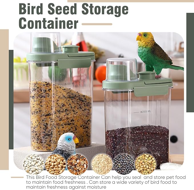 Maxdot 2 Pcs Bird Seed Storage Container 3 Qt/2.8 L with Tight Lids Airtight Cup Pet Food Storage Measuring Containers Lids with Pouring Spouts for Macaws African Grey Cockatoos (Green)