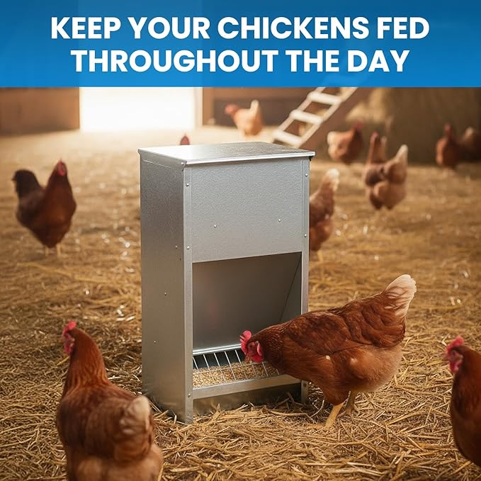 Plexon Steel Poultry Feeder 25lb Capacity – Galvanized Metal Chicken Feeder Turkey Duck Feed Dispenser Wall Mountable Outdoor - Grid to Reduce Waste, No Assembly
