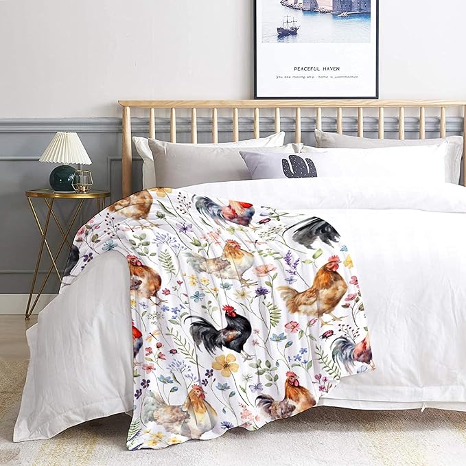 Plush Chicken Wildflowers Blanket for Couch Bed Sofa | 40"x50" Farm Lover Decor for Girls Boys | Gift for Chicken Lovers All Seasons