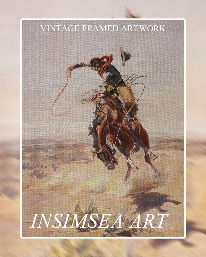 InSimSea Framed Canvas Wall Art Western Cowboy Decor Rustic Vintage Cowboy Oil Paintings Horse Riders of Mid-Century Art Prints Ranch Lunar Landscape Wall Pictures Antique Wall Decor Aesthetic Posters