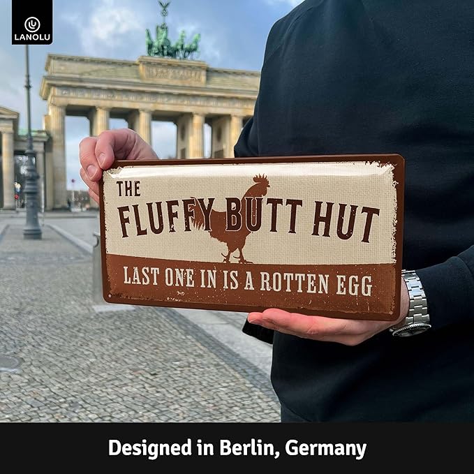 Fluffy Butt Hut Chicken Sign - Funny Coop Decor for Outside & Outdoor - Lover Gifts, Metal Decorations 6.3 x 12.6"