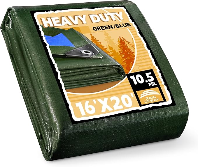 RAINDEWAY Tarps Heavy Duty Waterproof 16x20 Feet,10.5 Mil Waterproof Tarps for Outdoors,Multipurpose Poly Tarp Cover with Metal Grommets and Reinforced Edges,Green/Blue