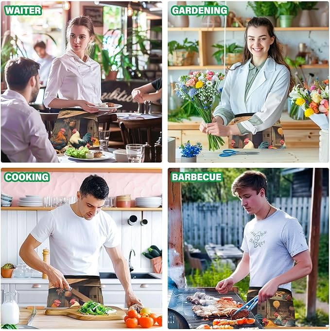 Waist Apron with 3 Pockets, Server Apron for Women and Men, Half Aprons for Waitresses & Gardening, Waterproof and Stain Resistant (Farm Chicken House)