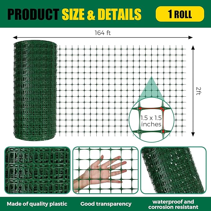 Preboun 2 x 164 ft Plastic Mesh Fence Plastic Safety Fence Roll Reusable Animal Construction Barrier Netting Temporary Pool Fencing Snow Fences for Construction Animal Garden Fencing(Green)