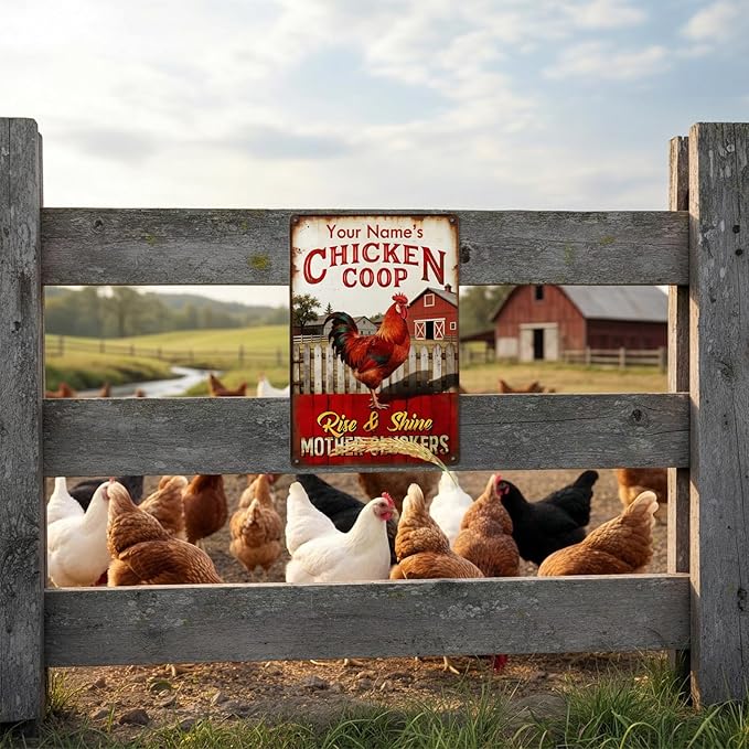 Custom Chicken Coop Sign Personalized Name Rise and Shine Funny Metal Tin Plaque Vintage Farm Decor Rooster Barn Wall Accessory