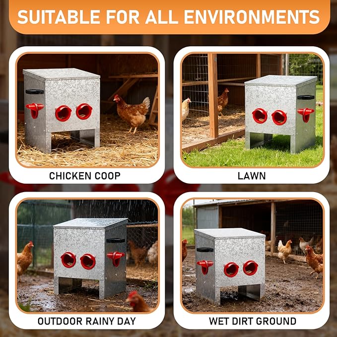 VINGLI Chicken Feeder with 4 Feeding Ports, 25 lb No Waste Large Capacity Metal Poultry Feeder with Handles and Lid for Backyard Chickens and Poultry (4 Ports)