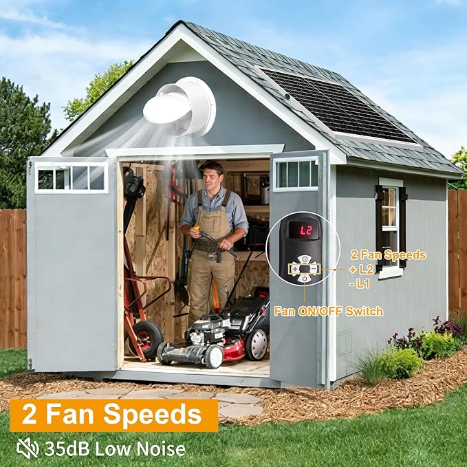 Solar Fan with Battery Day & Night Work Fans, 25W 9.8" Solar Powered Fan for Chicken Coop with 24000mAh Battery, Outdoor Waterproof Greenhouse Solar Exhaust Fan for Shed, Coop, Pet Houses, Ventilation
