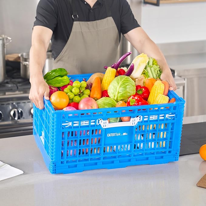 Restaurantware Plastic Milk Crates for Storage - 10 Pack - Cater Tek Stackable Storage Buns for Organizing - Collapsible Storage Basket for Groceries, Home Supplies, Blue