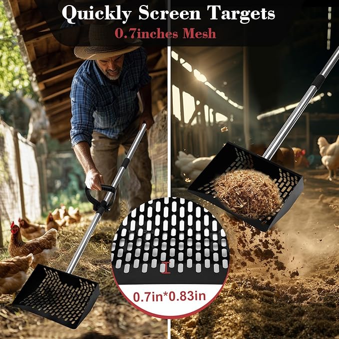 Chicken Poop Scooper and Rack 2-in-1 10'' Metal Coop with 35" to 61" Adjustable Handle, Litter Sifting Shovel Cleaning Tools for Chicken Coop Run,Chicken Coops and Animals House