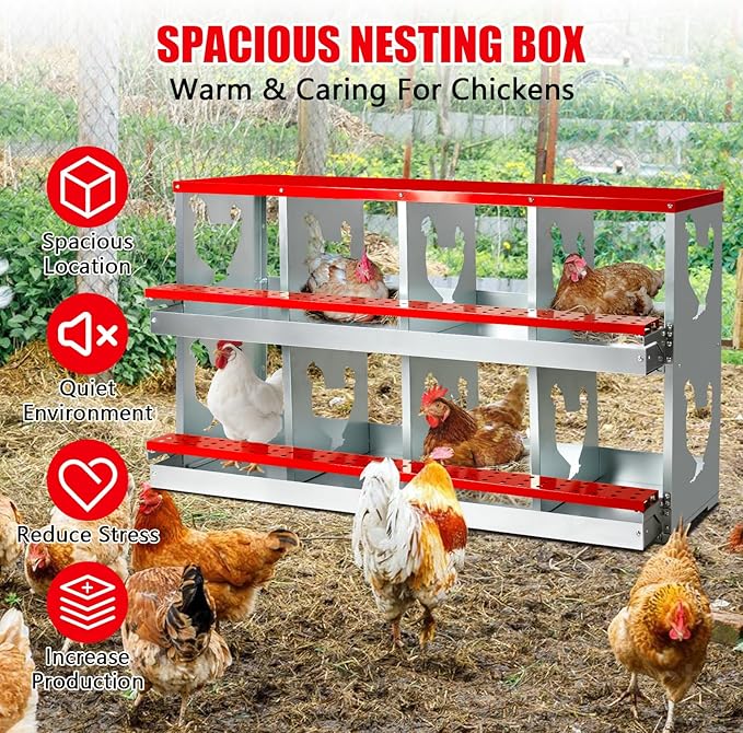 Chicken Nesting Box for Laying Eggs,8 Hole Roll Away Nesting Boxes,Chicken Laying Boxes with Large Vented Holes,Wall-Mountable Chicken Coop Nesting Boxes,Metal Laying Boxes for Hens,Ducks(Red)