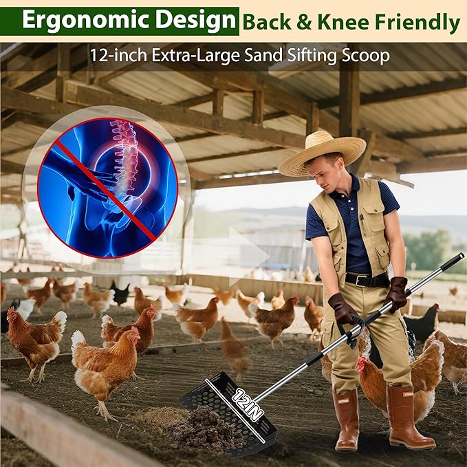 2 in 1 Chicken Poop Scooper & Rake, 12" Chicken Coop Scooper With Ergonomic Grip, Durable Chicken Scooper for Poop With 4 Length Adjustable Stainless Steel Handle(24 to 67") Litter Sifting Shovel