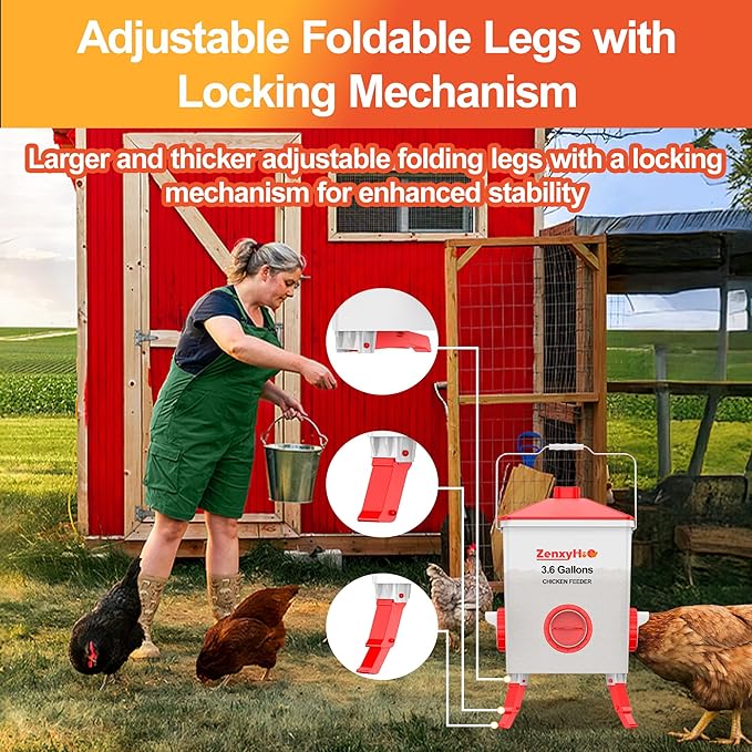 3.6 Gallons Chicken Feeder Bucket with 3 Adjustable Heights, 4 Port Feeder and Anti Roost Cone