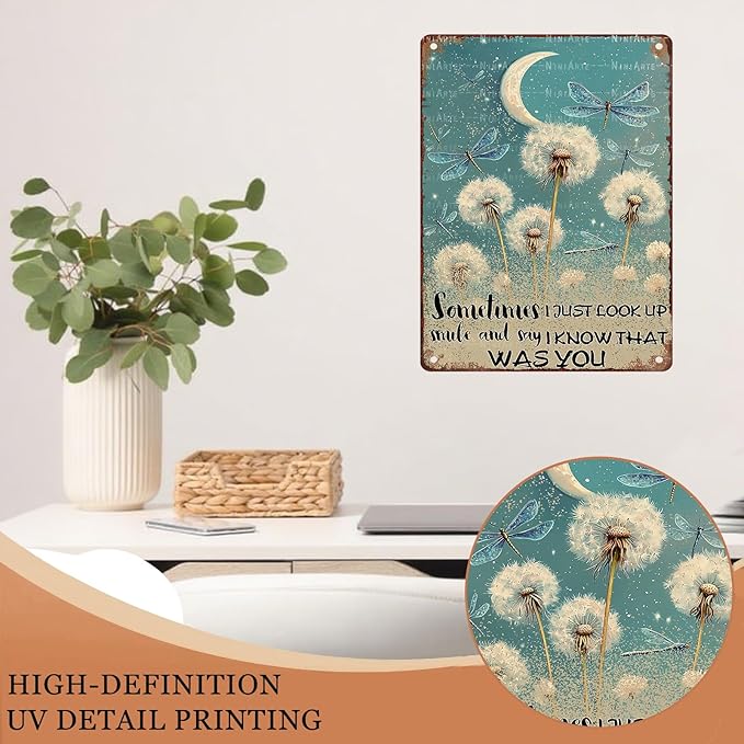 Dandelion Dragonfly Vintage Tin Sign Just Look Up Smile Say I Know That Was You Inspiring Vintage Tin Sign Wall Art Decor for Home Living Room Bedroom Office Cafe And Pub Decoration 12X16Inch
