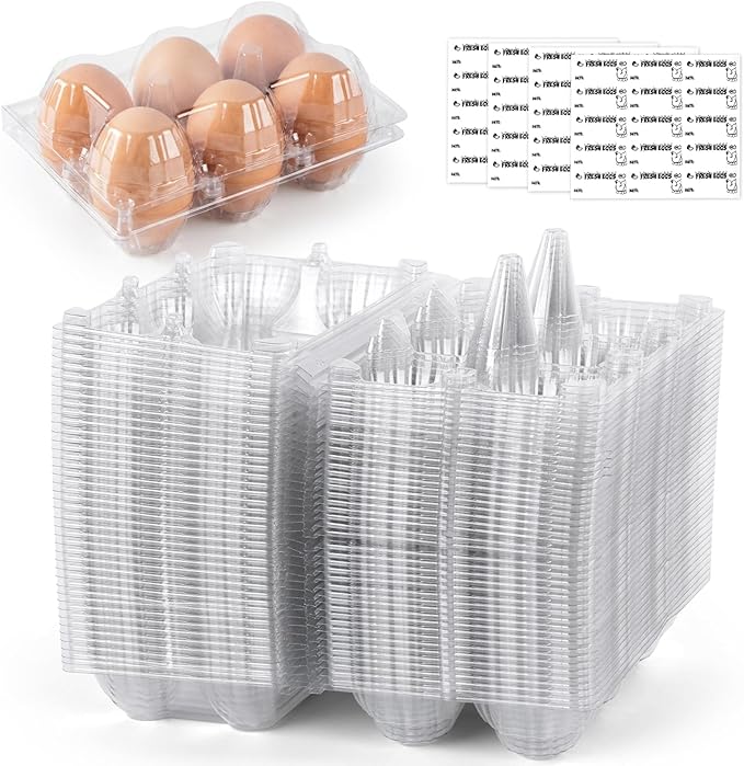 HANSGO 60 PCS 6 Count Plastic Egg Cartons Bulk, with 60PCS Date Labels, Clear Stackable Egg Holder for Fresh Medium Eggs Storage, Perfect for Farm, Family, Markets Display