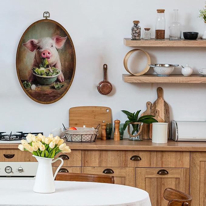 WULQYING Funny Pig Kitchen Wall Art Decor, Rustic Farmhouse Pig Oval Framed Canvas Art Prints, Country Farm Animal Wall Hanging Decor for Home Kitchen Dining Room, 8.6x11.4 Inches