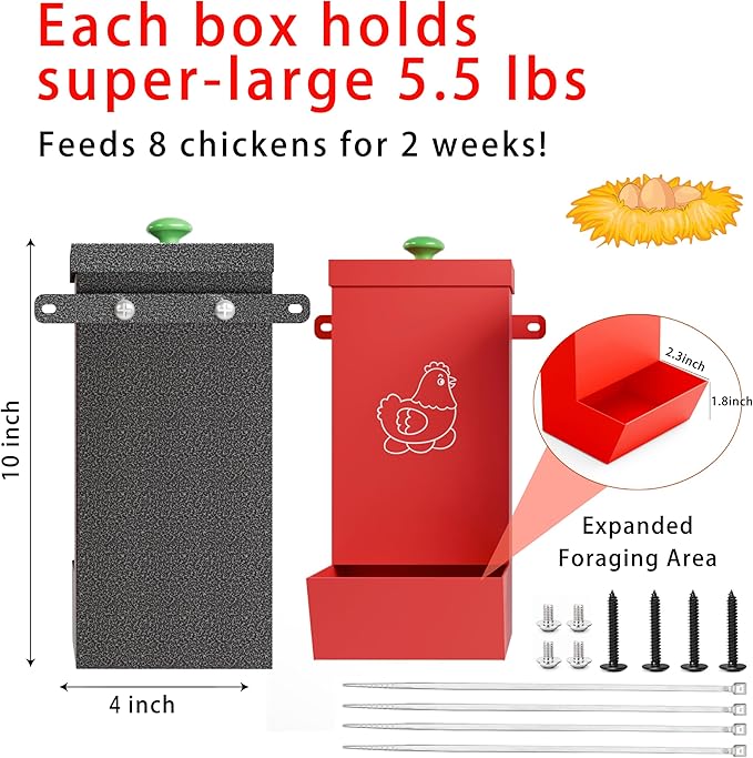 2-Pack Metal Hanging Chicken Feeder with Lid – Waterproof Gravity Poultry Feeder Trough, Automatic Chicken Coop Accessories (Black + Red)