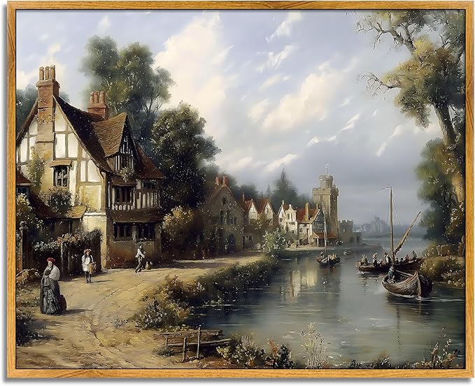 Framed Wall Art Vintage River Canvas Nature Landscape Poster Countryside Lake Picture Vintage Lake Painting Antique Nature Prints Rustic Scenery Wall Art Tranquil River Picture 8x10inch for Bedroom