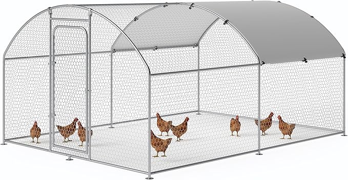 Large Metal Chicken Coop Walk-in Poultry Cage with Waterproof and UV-Resistant Cover, Outdoor Chicken Run Poultry Hen House for Backyard Farm Use,Dome Roof(10’ W x 13.2’ L x 6.4’ H)