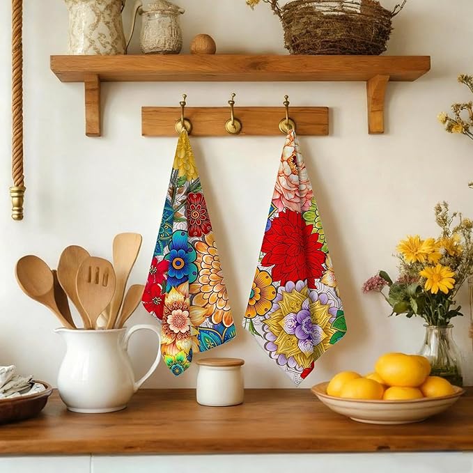 Spring Boho Kitchen Towels Decorative Set of 4, Colorful Floral Hand & Tea Towel, Absorbent Soft Decor Dish Towels Dishcloths for Kitchen Drying,Cooking Housewarming Gifts for Women
